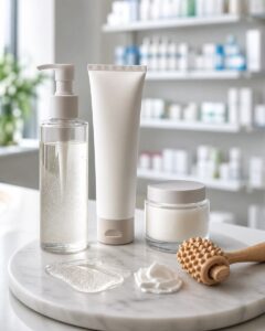 Plusieurs flacons et tubes de soins corporels disposés sur un comptoir de pharmacie sobre avec une touche de gel et un rouleau de massage.
