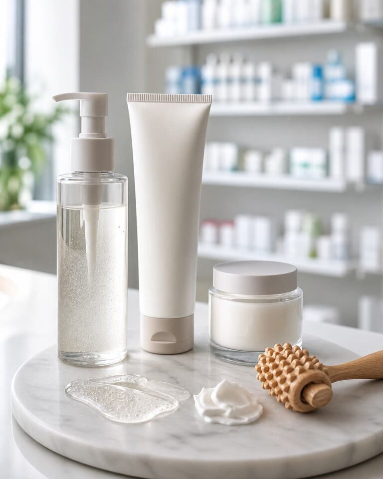 Plusieurs flacons et tubes de soins corporels disposés sur un comptoir de pharmacie sobre avec une touche de gel et un rouleau de massage.