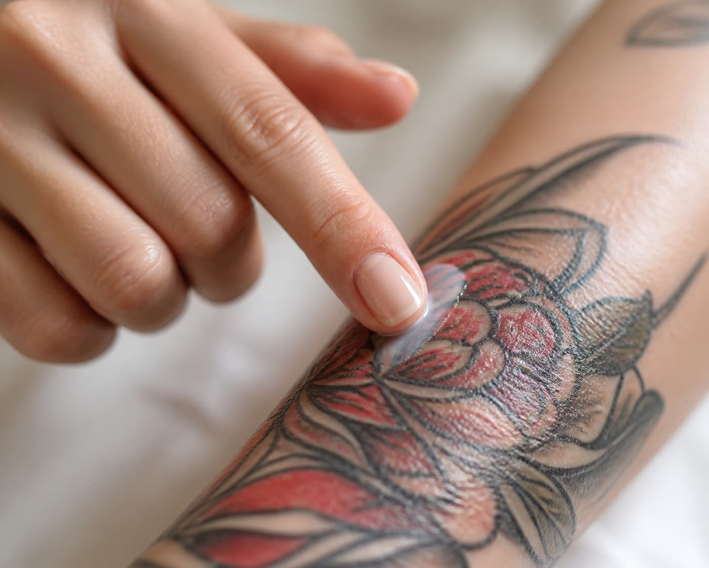 Une main propre étale une fine couche de crème sur un tatouage, laissant un film léger et discret.