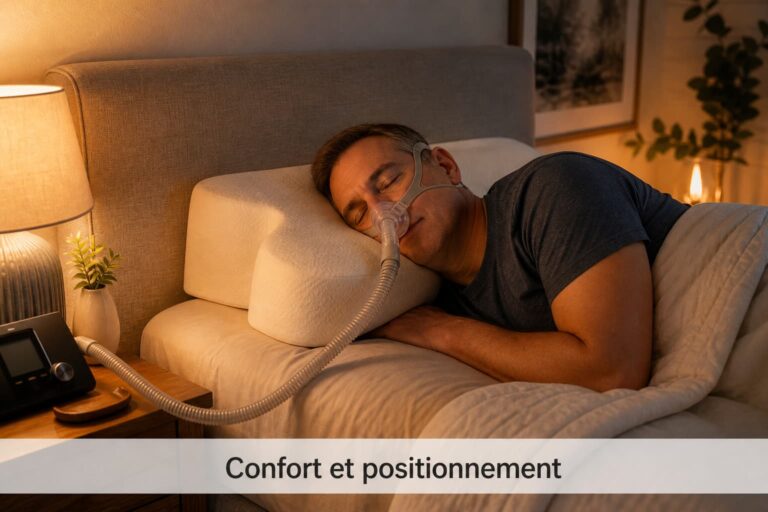 Personne dormant sur le côté avec un masque CPAP dans les découpes d’un oreiller ergonomique, tuyau connecté, dans une chambre apaisante, avec le texte 'Confort et positionnement'.