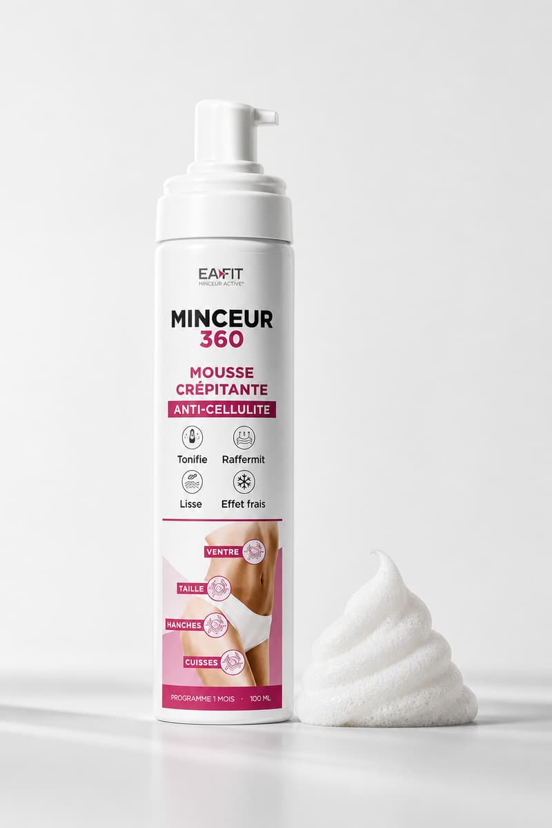 Flacon de soin Eafit Minceur 360 posé sur une surface claire avec une légère volute de mousse blanche à côté du diffuseur.