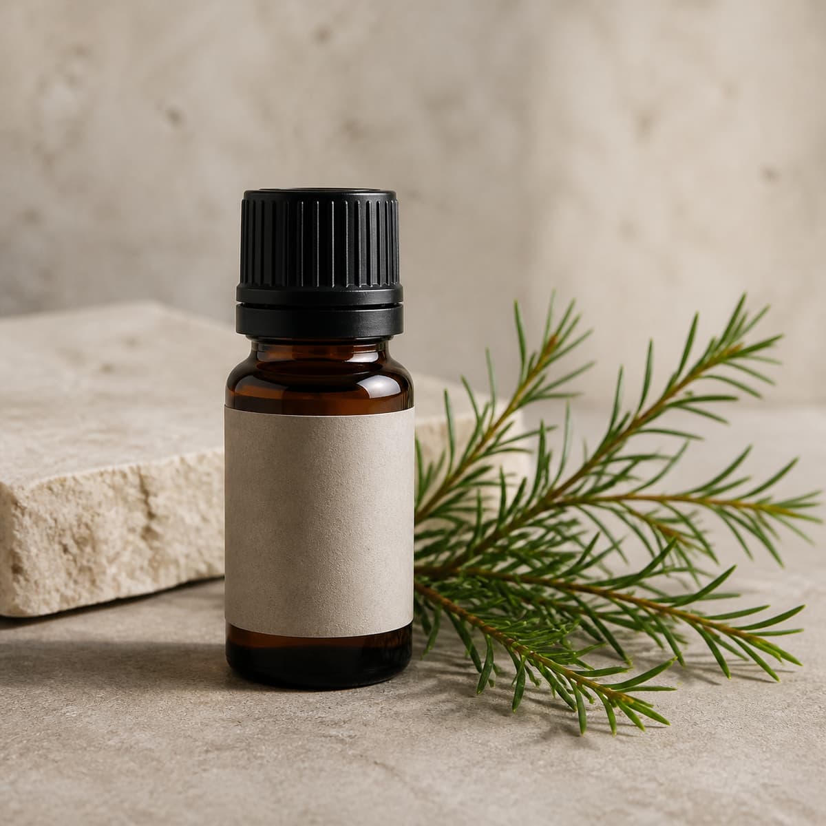 Flacon fermé en verre ambré d'huile essentielle avec étiquette neutre posé à côté de brins de tea tree sur une surface sobre.