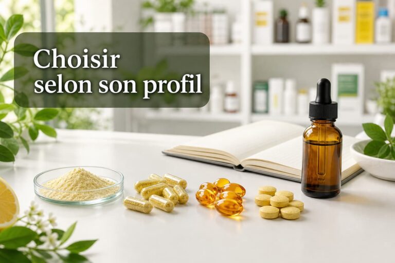 Différentes formes de vitamine C comprenant des gélules, des comprimés, de la poudre et un flacon compte-gouttes disposés sur un comptoir avec le texte Choisir selon son profil.