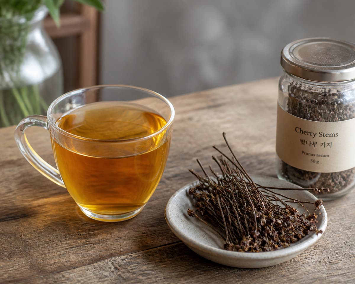 Tasse d'infusion ambrée posée sur une table en bois près d'une soucoupe garnie de queues de cerise séchées.