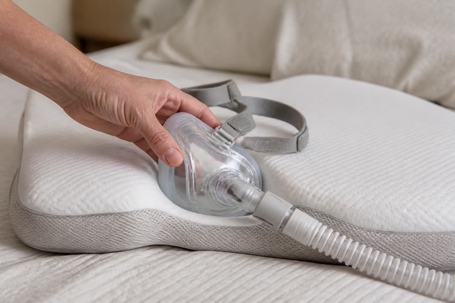 Une main place un masque CPAP dans l