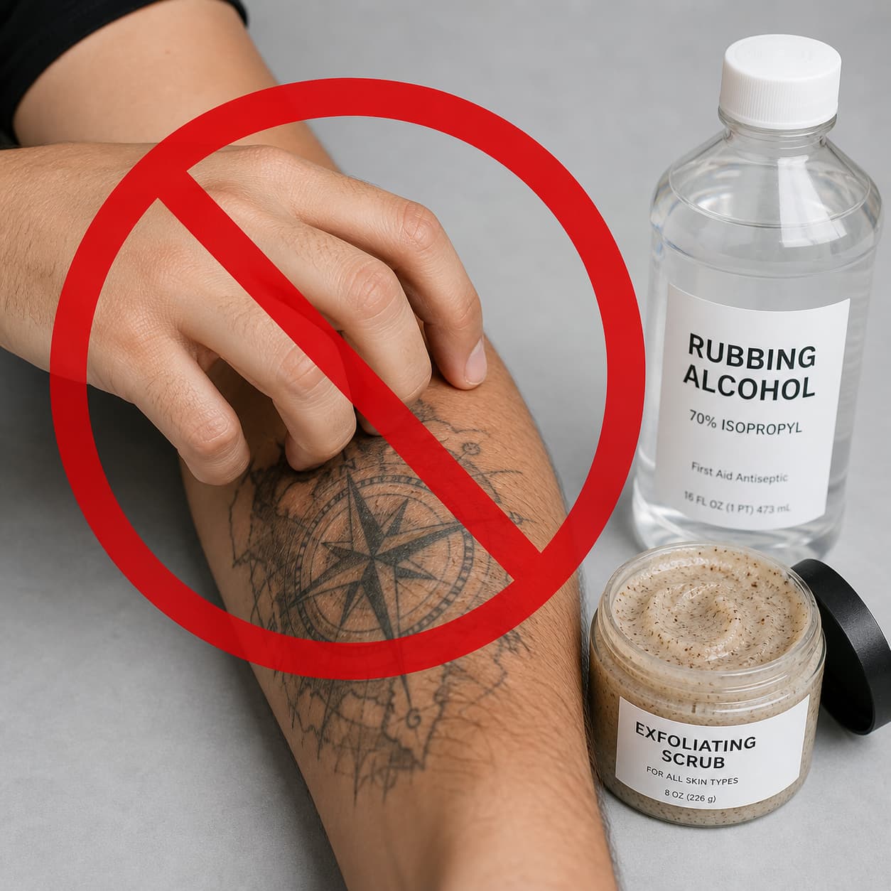 Symbole d’interdiction sur une main grattant un tatouage, flacon d’alcool et pot de gommage à côté.