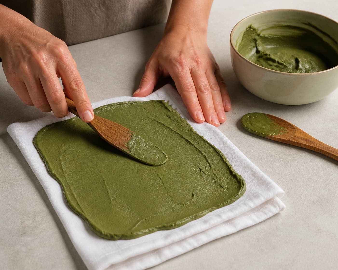 Des mains étalent une pâte d