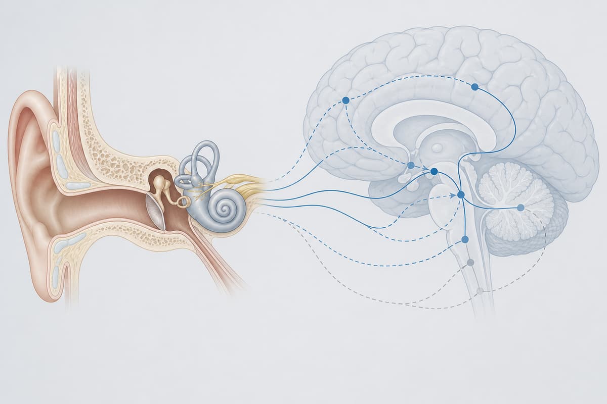 Schéma des voies nerveuses reliant l'oreille au système nerveux central