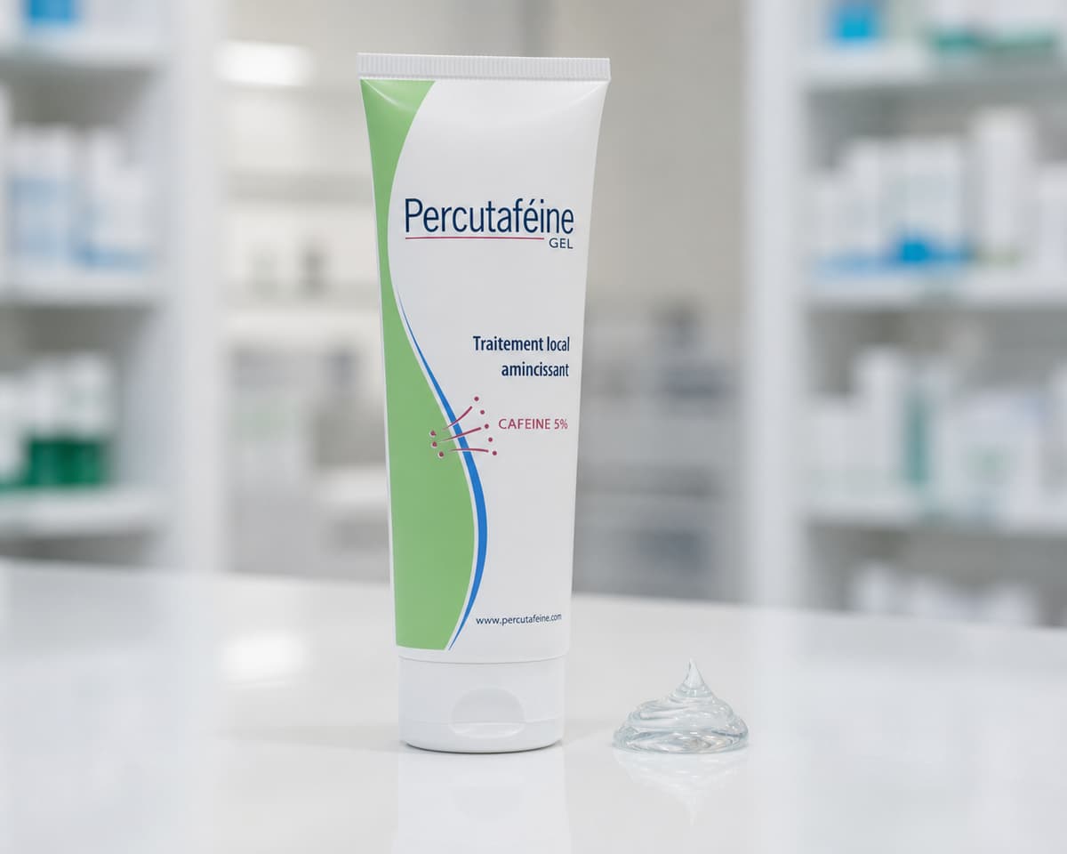 Un tube de gel amincissant Percutaféine posé debout à côté d'une noisette de gel translucide sur une surface blanche.