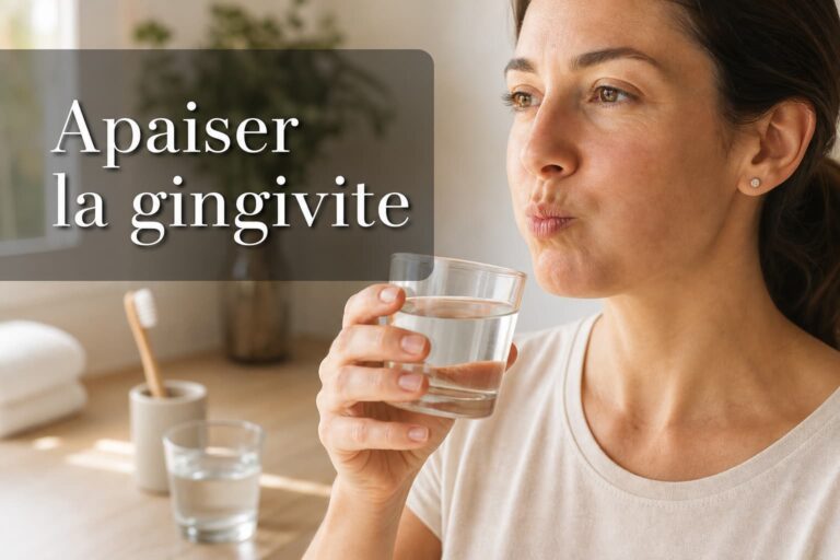 Personne tenant une tasse d'eau tiède salée, se rinçant la bouche avec une expression sereine, arrière-plan flou montrant une brosse à dents et un verre d'eau, texte superposé 'Apaiser la gingivite' avec ombre portée sur fond sombre.