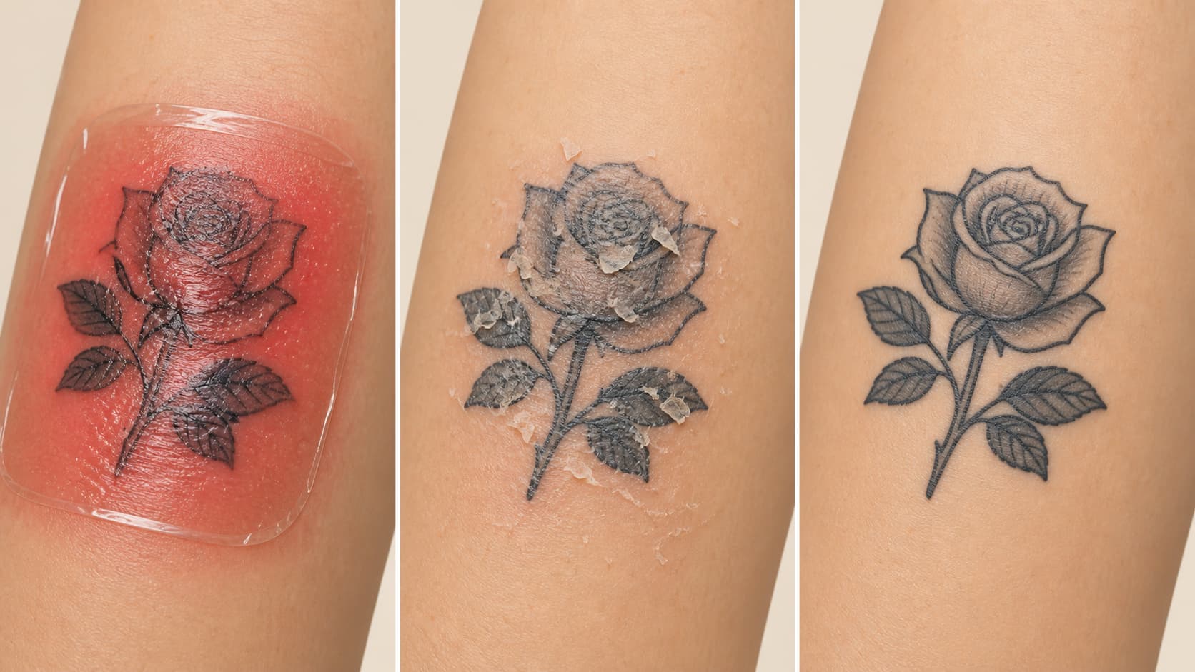 Illustration en trois vignettes montrant les étapes de cicatrisation d’un tatouage : peau rouge avec pansement, peau qui pèle, et peau lisse cicatrisée.