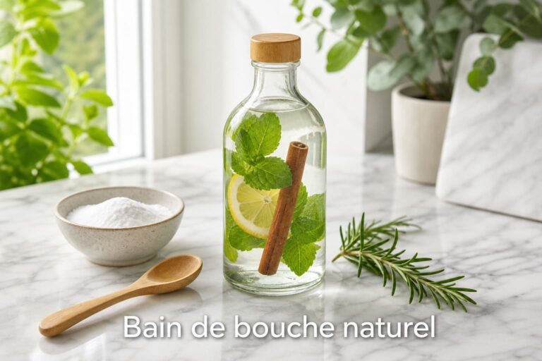 Une bouteille en verre contenant un liquide clair infusé de menthe, citron et cannelle posée sur un comptoir en marbre blanc, accompagnée d’un bol de bicarbonate de soude, une cuillère en bois et un brin de romarin, le tout éclairé par la lumière naturelle avec le texte ‘Bain de bouche naturel’ superposé en bas.