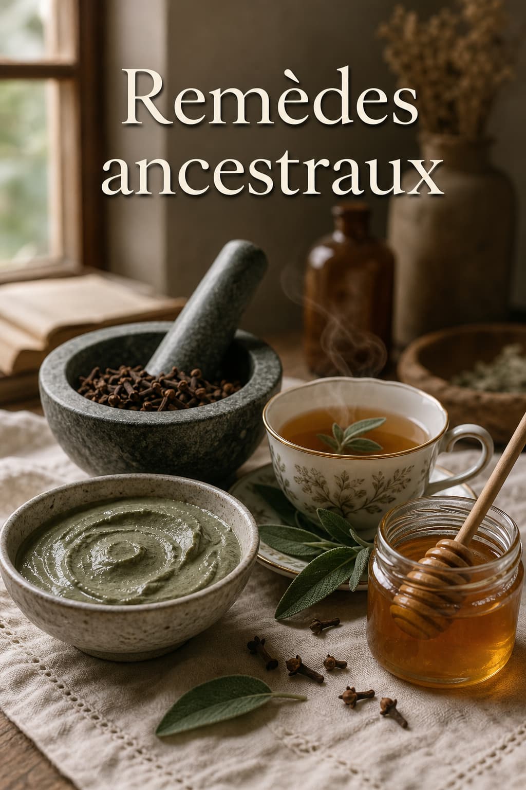 Composition de type nature morte de remèdes naturels traditionnels pour la santé des gencives : un bol de pâte d