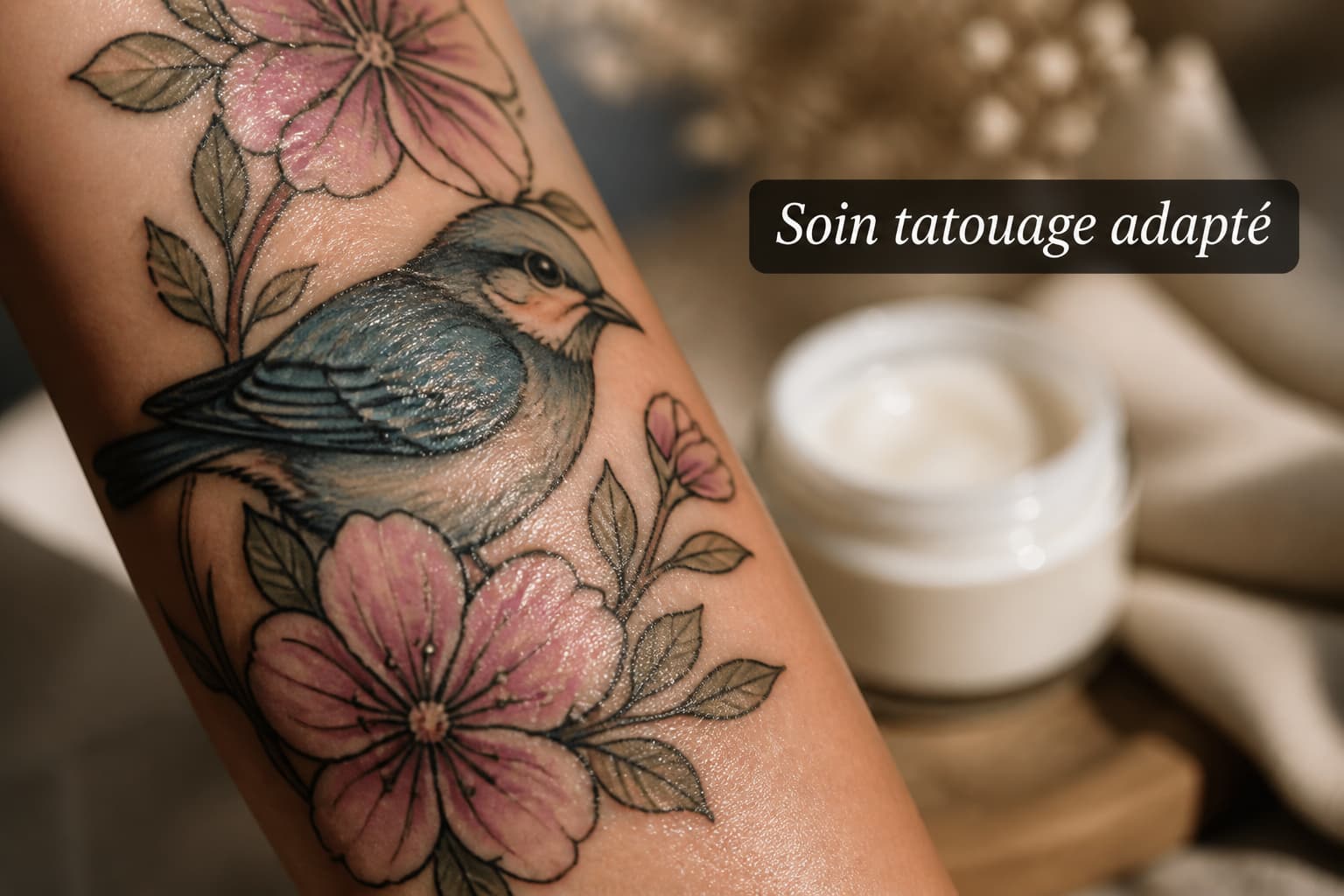 Gros plan d’un tatouage bien défini et propre sur une peau hydratée, avec le texte ‘Soin tatouage adapté’ affiché et un pot de crème discret en arrière‑plan flou.