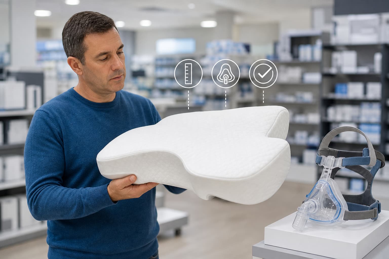 Une personne tient un oreiller CPAP dans un magasin, un masque est posé à côté, et des icônes discrètes indiquent les critères à vérifier avant l