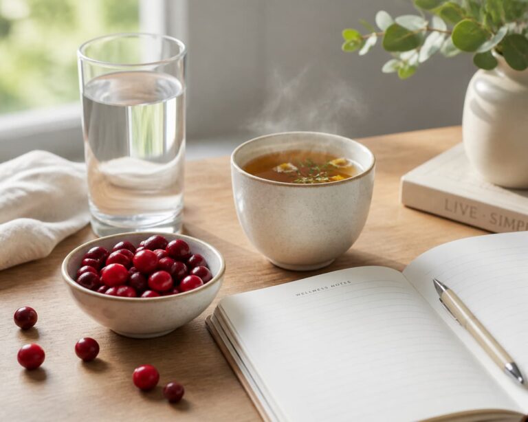 Un verre d'eau, une tasse d'infusion fumante, quelques cranberries et un carnet de notes ouvert posés sur une table en bois lumineuse.