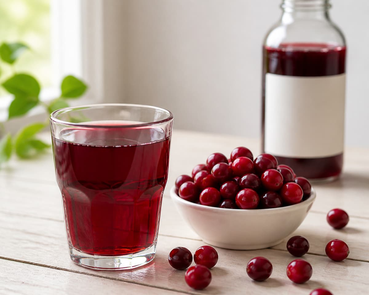 Un verre de jus de cranberry rouge foncé disposé à côté d'un bol de cranberries fraîches sur une table claire.