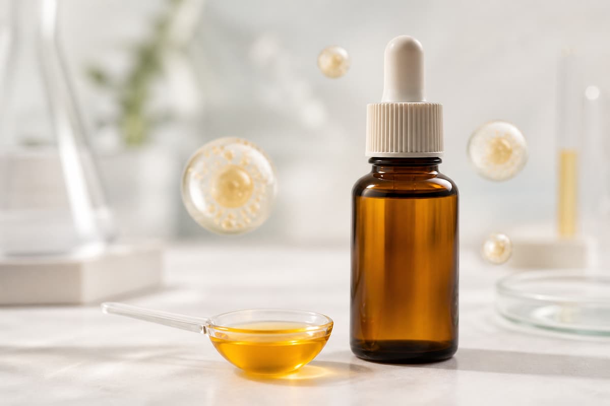 Flacon ambré neutre de vitamine C liquide et cuillère-doseuse remplie sur une surface de laboratoire épurée avec de discrètes microgouttelettes lipidiques en arrière-plan.