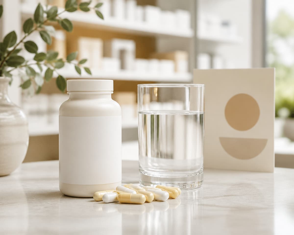 Des gélules de complément blanches et jaune pâle disposées à côté d'un flacon neutre et d'un verre d'eau sur un comptoir lumineux.